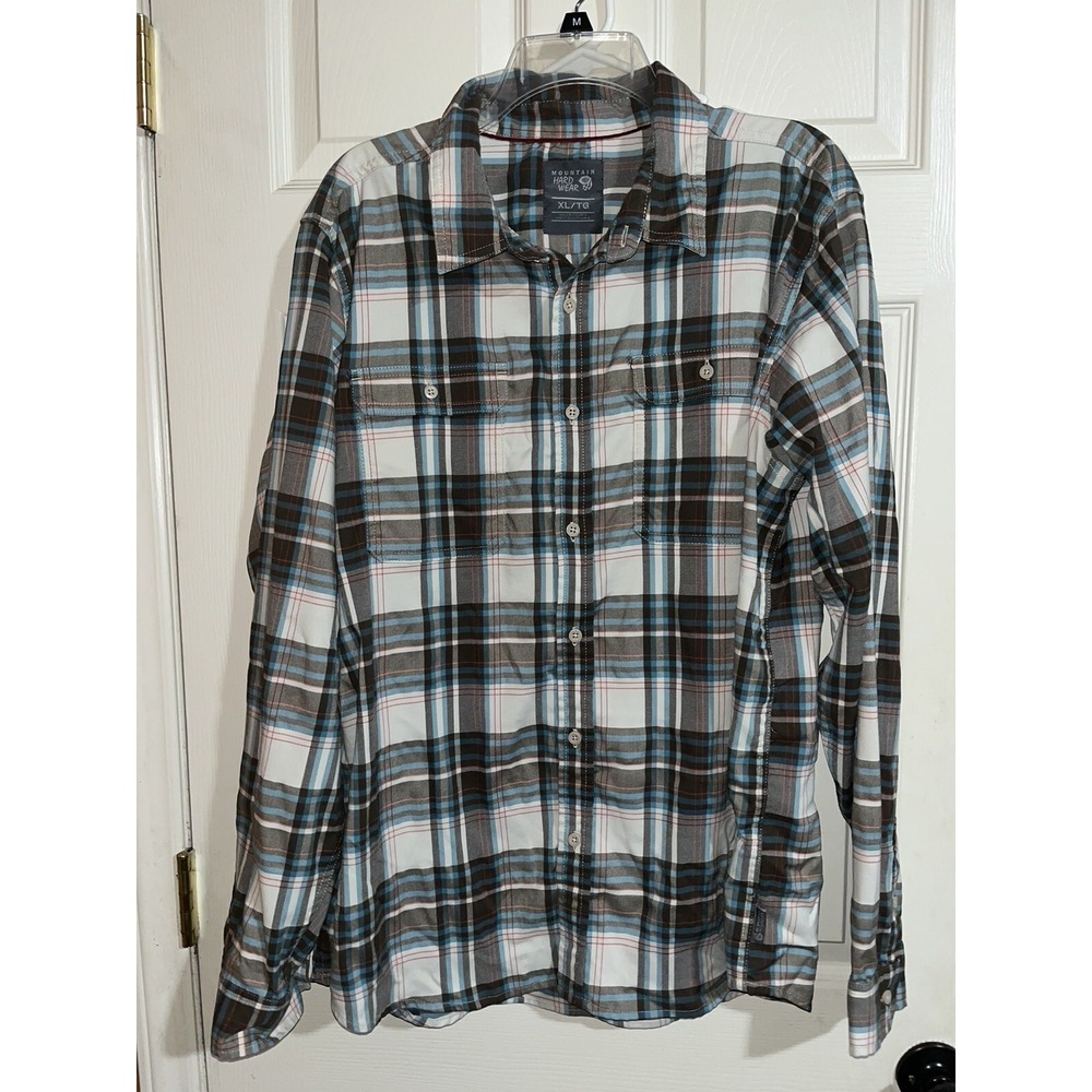 Mountain Hardware flannel shirt  Mens xl Gray BLUE  Plaid Long‎ Sleeve Button Up